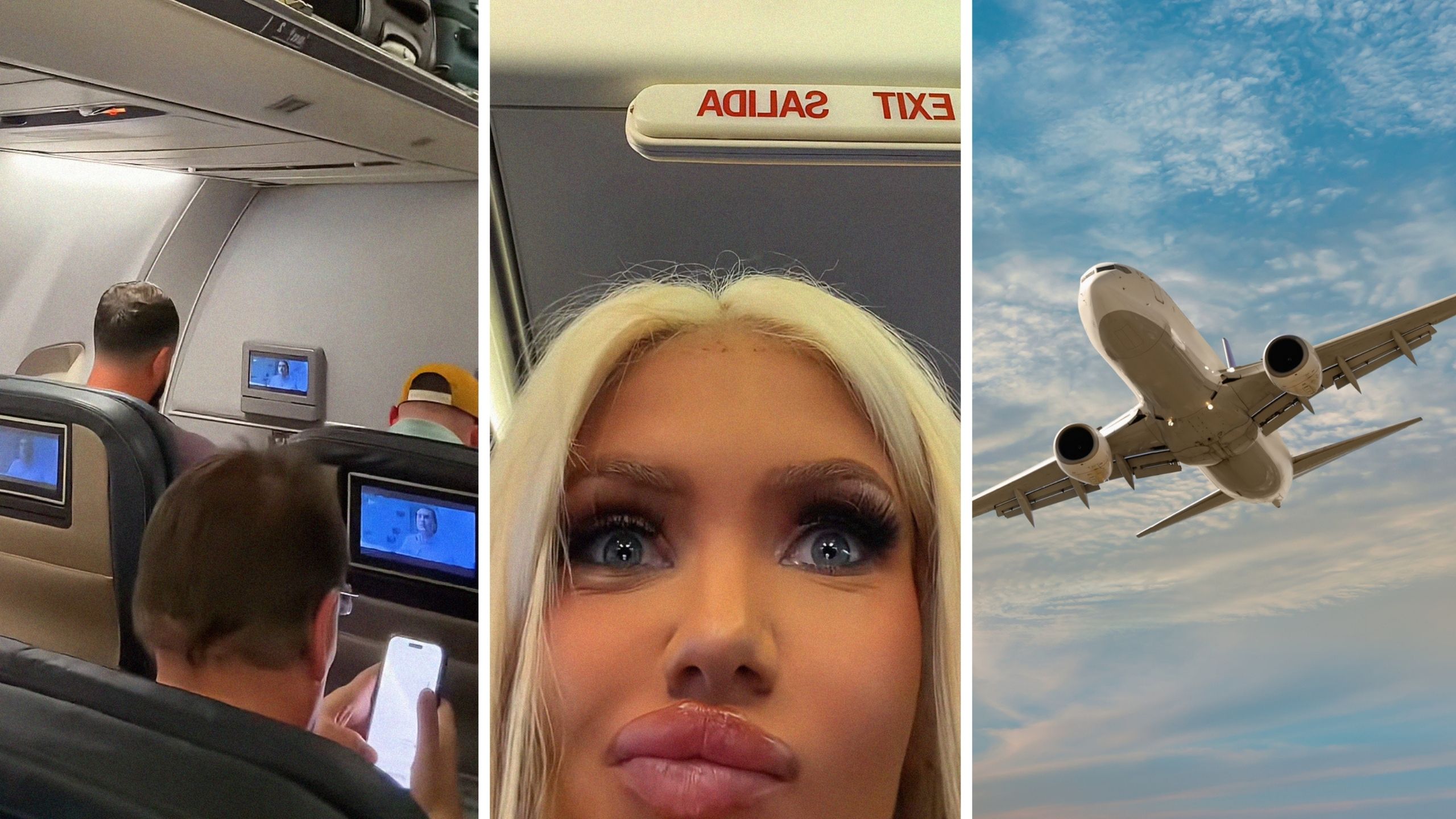 plane interior (l) woman gives heads-up to the public (c) flight to North Carolina (r)