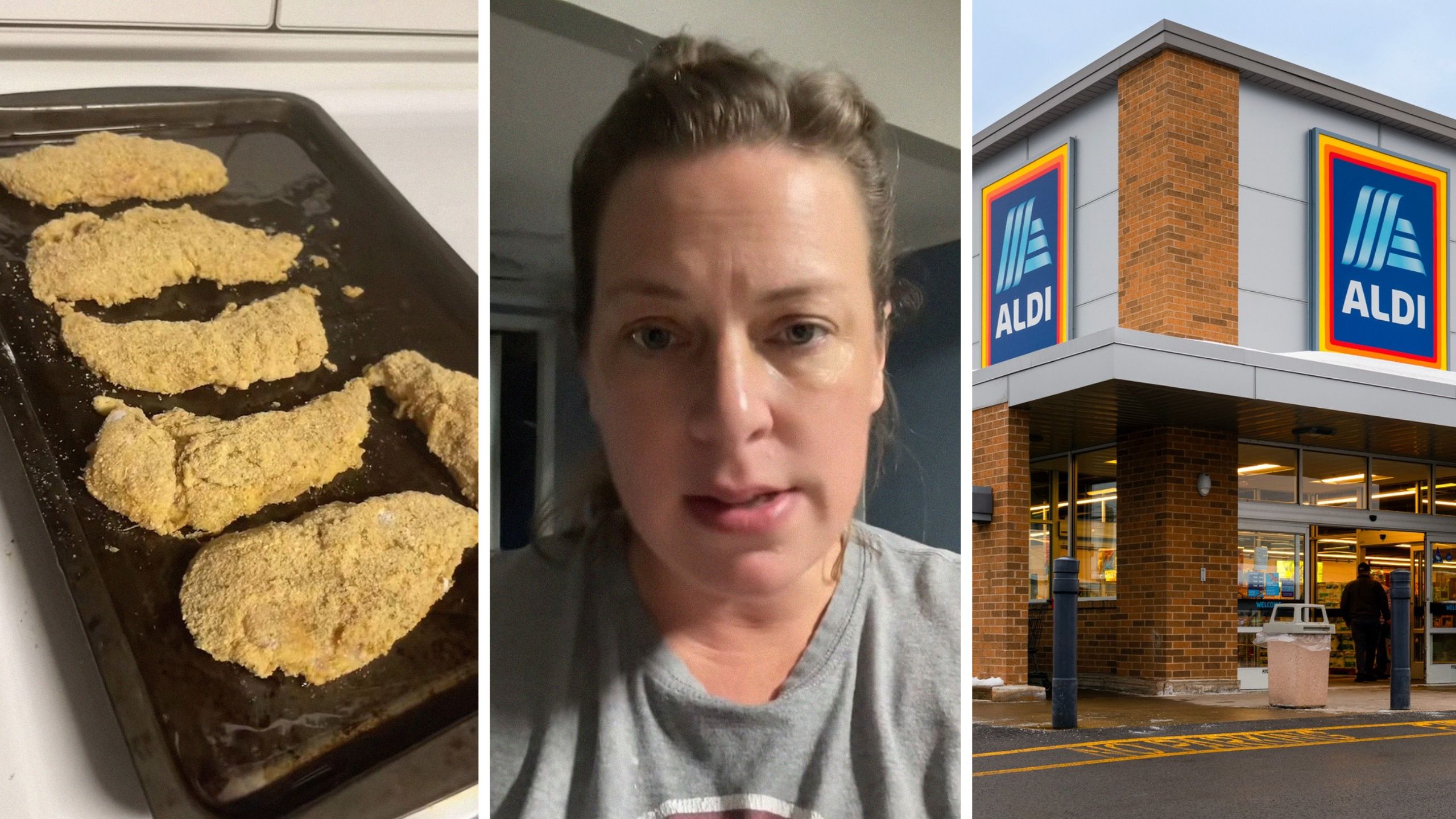 chicken tenders (l) woman shares chicken purchase issue (c) Aldi storefront (r)