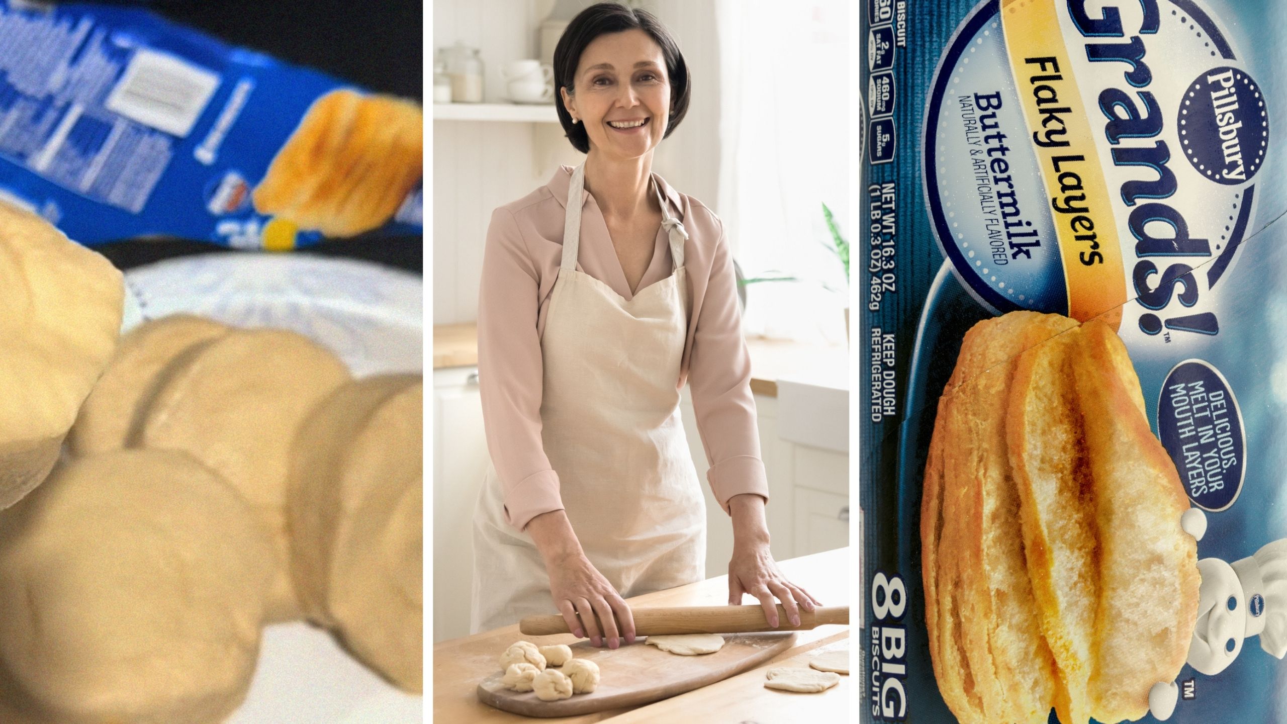 Biscuits dough (l) woman baking Pillsbury Biscuits (c) Can Of Pillsbury Biscuits (r)