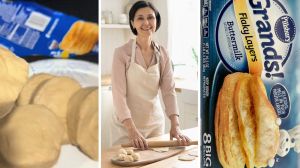 Biscuits dough (l) woman baking Pillsbury Biscuits (c) Can Of Pillsbury Biscuits (r)