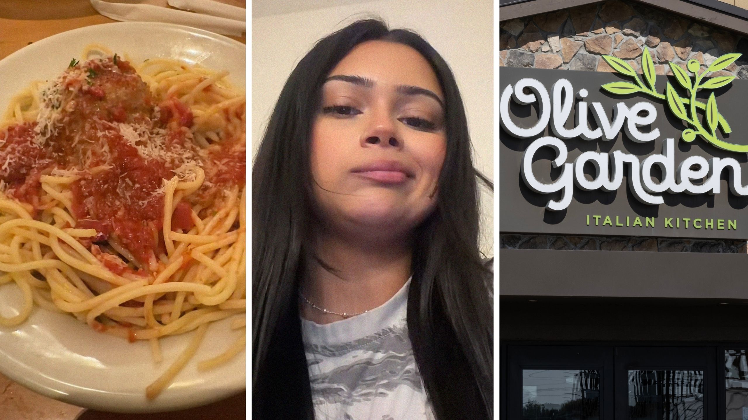 pasta bowl (l) woman shares Olive Garden observation (c) Olive Garden entrance (r)