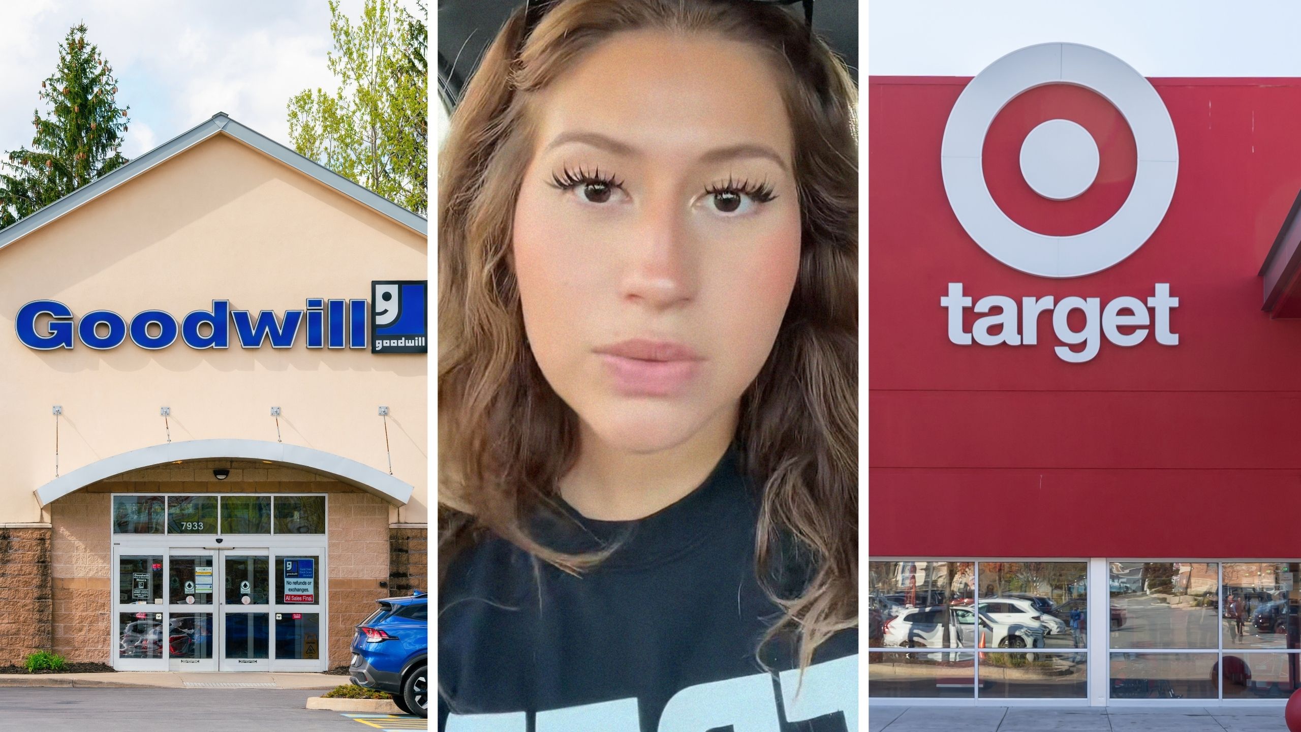 Goodwill storefront (l) woman shares Target experience (c) Target storefront (r)