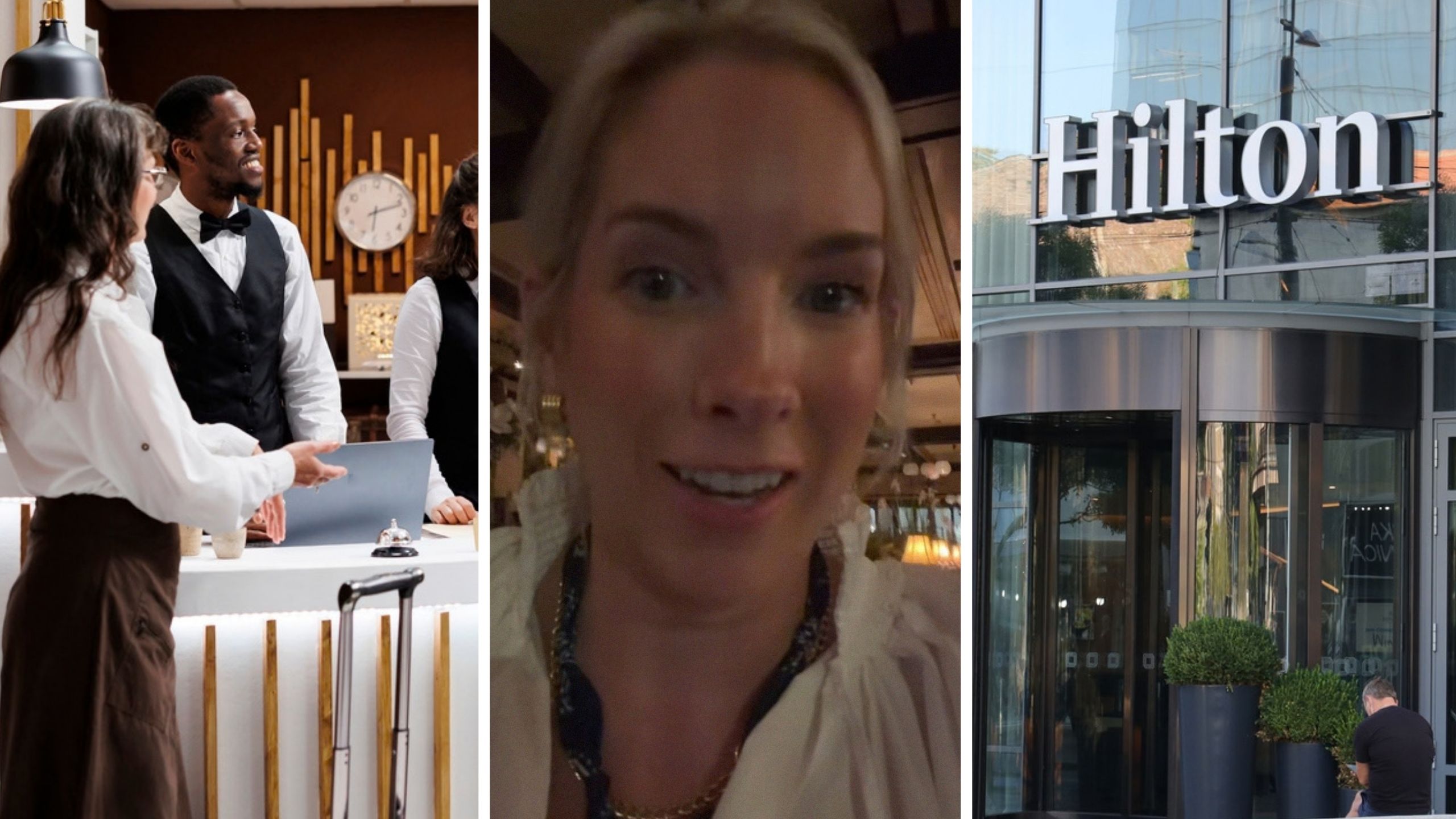 woman tries to check into hotel (l) woman shares hotel issue (c) Hilton hotel entrance (r)