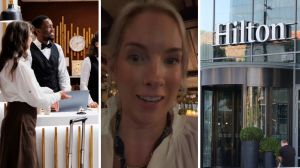 woman tries to check into hotel (l) woman shares hotel issue (c) Hilton hotel entrance (r)