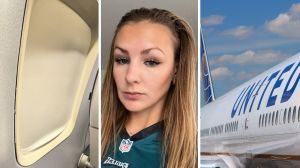 plane window (l) woman shares flight issue (c) United aircraft (r)
