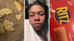 broken crackers (l) woman shares crackers issue (c) Ritz Crackers pack (r)