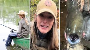woman fishing (l) woman shares best day of her life story (c) large fish on hand (r)