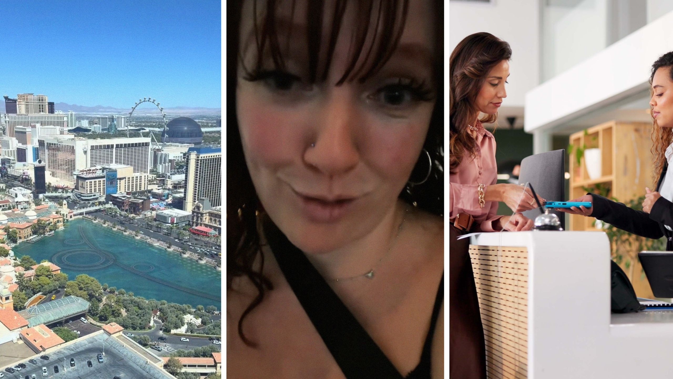 hotel view (l) woman shares hotel hack (c) woman checking-in to her hotel (r)