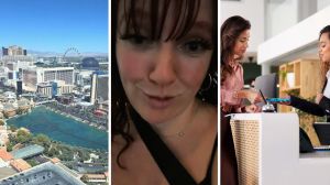hotel view (l) woman shares hotel hack (c) woman checking-in to her hotel (r)