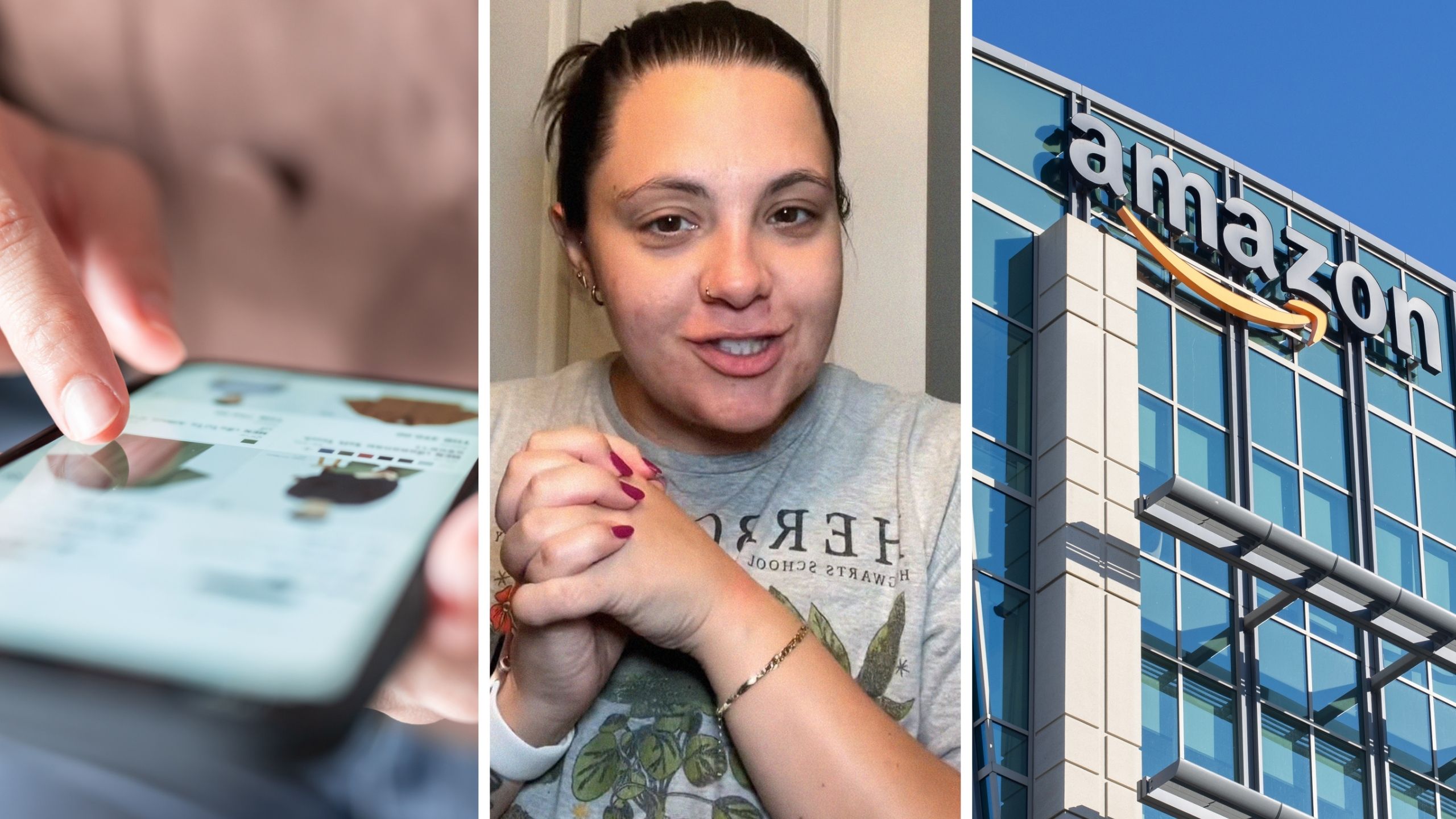 adding items to cart (l) woman shares Amazon issue (c) Amazon office (r)