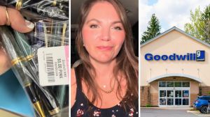 cheap pens (l) woman shares pen encounter (c) Goodwill storefront (r)