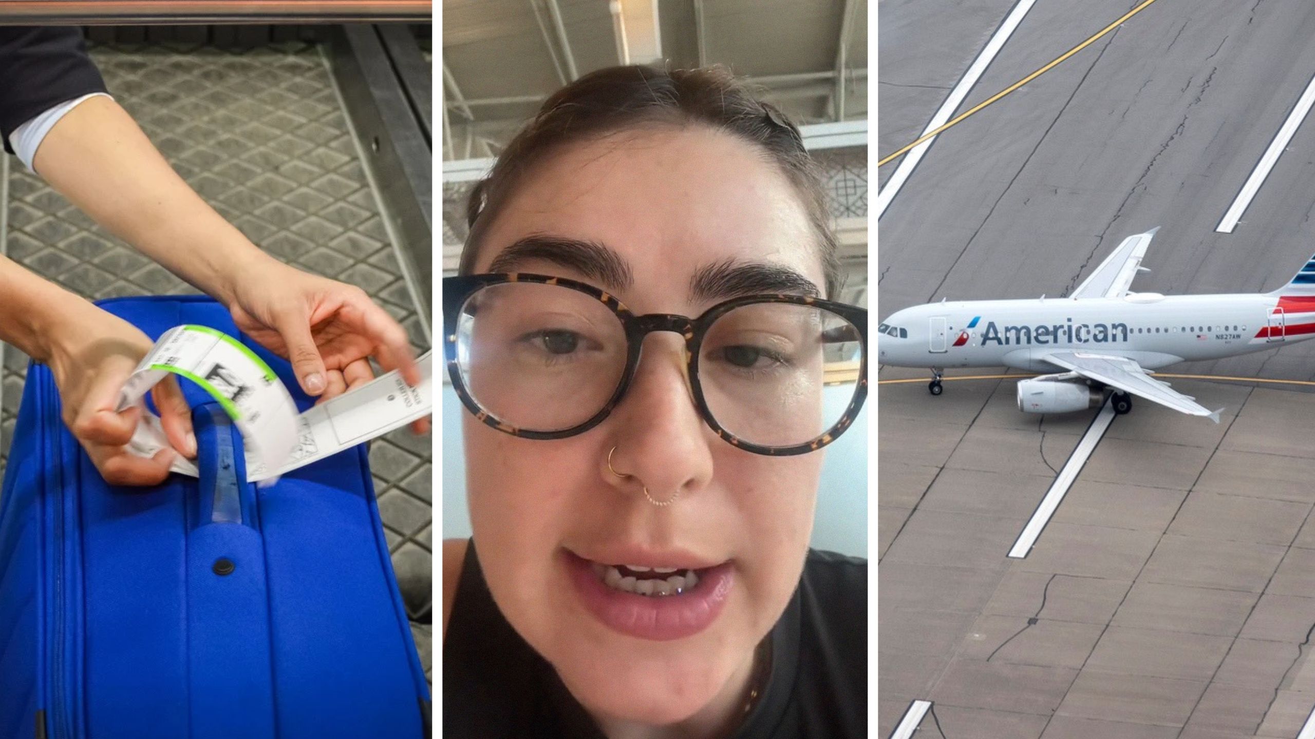 check-in bag (l) woman shares airline experience (c) American airlines (r)