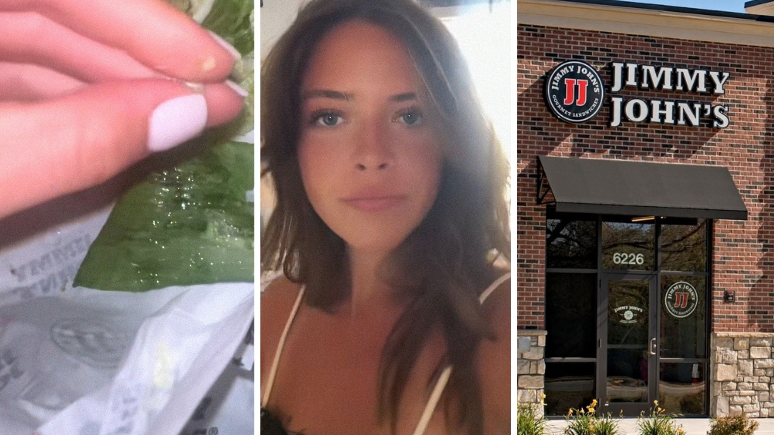 woman holding lettuce (l) woman shares sandwich issue (c) Jimmy Johns entrance (r)