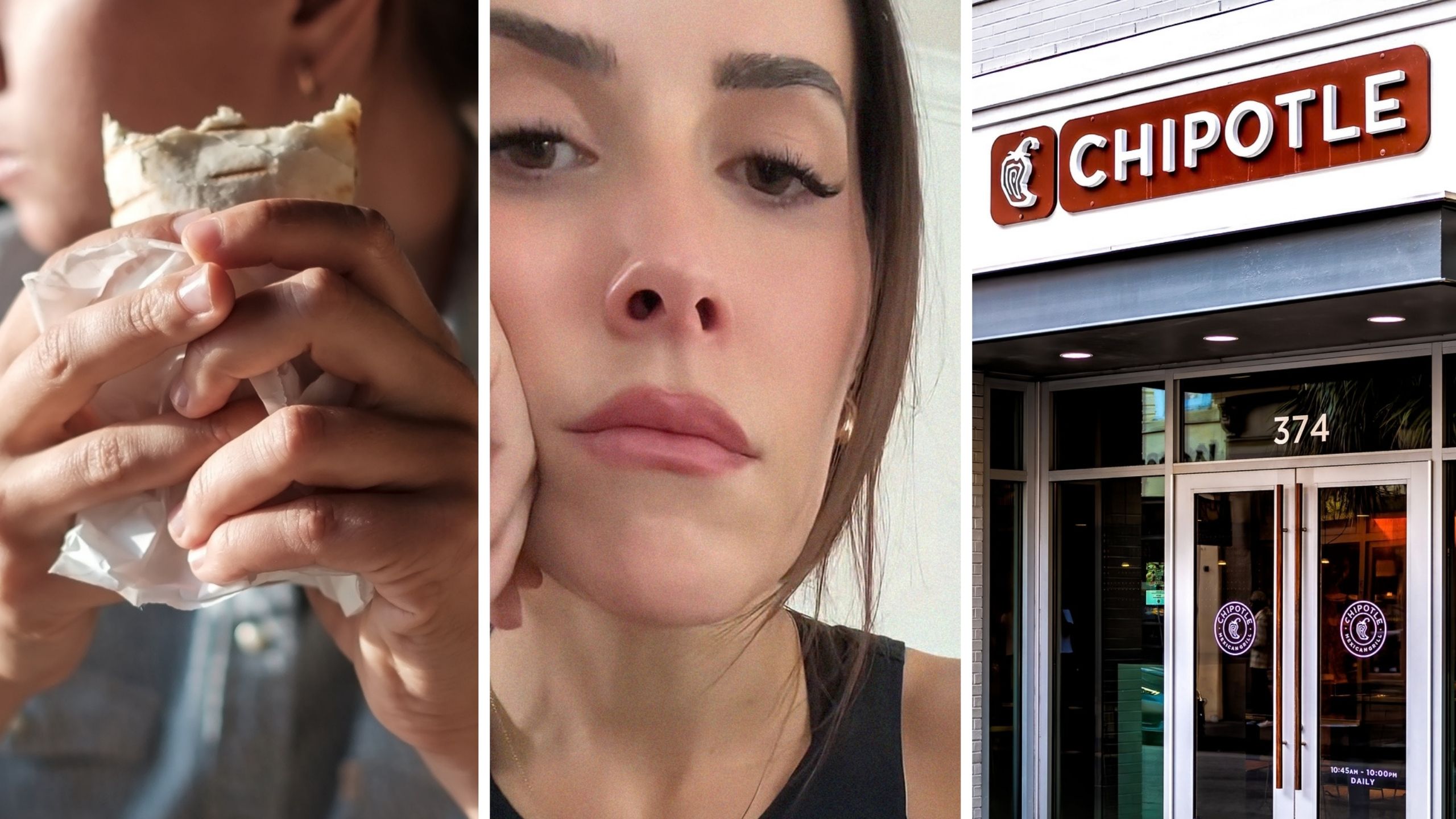 woman holding a burrito (l) woman shares chipotle issue (c) Chipotle entrance (r)