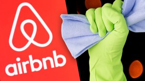 Airbnb logo next to rubber cleaning glove