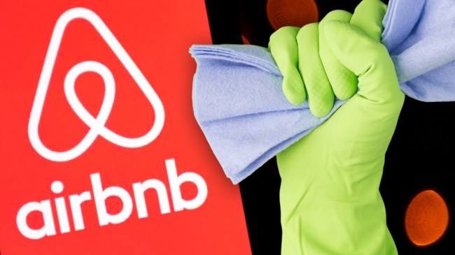 Airbnb logo next to rubber cleaning glove