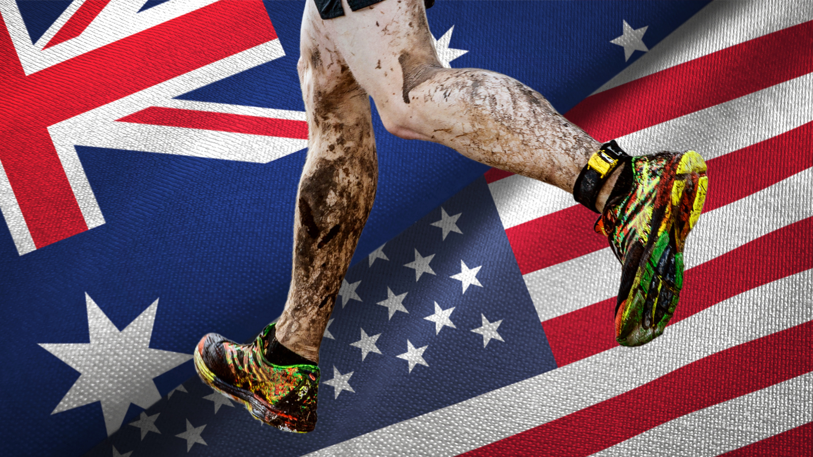 Backyard Ultra marathon runner over the Australian and USA flags