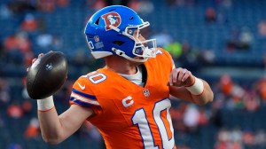 Oct 15, 2026; Denver, Colorado, USA; Denver Broncos quarterback Bo Nix (10) warms up prior to the game against the Seattle Seahawks at Empower Field at Mile High