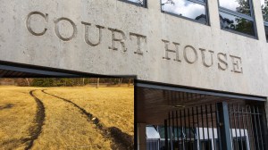 Courthouse sign next to image of grass torn up from cars