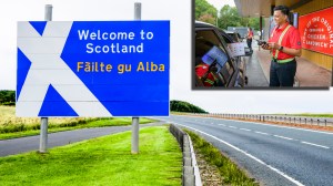 Welcome to Scotland sign next to first Chick-fil-a drive-thru in Scotland