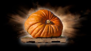 Giant pumpkin set in front of an explosion background