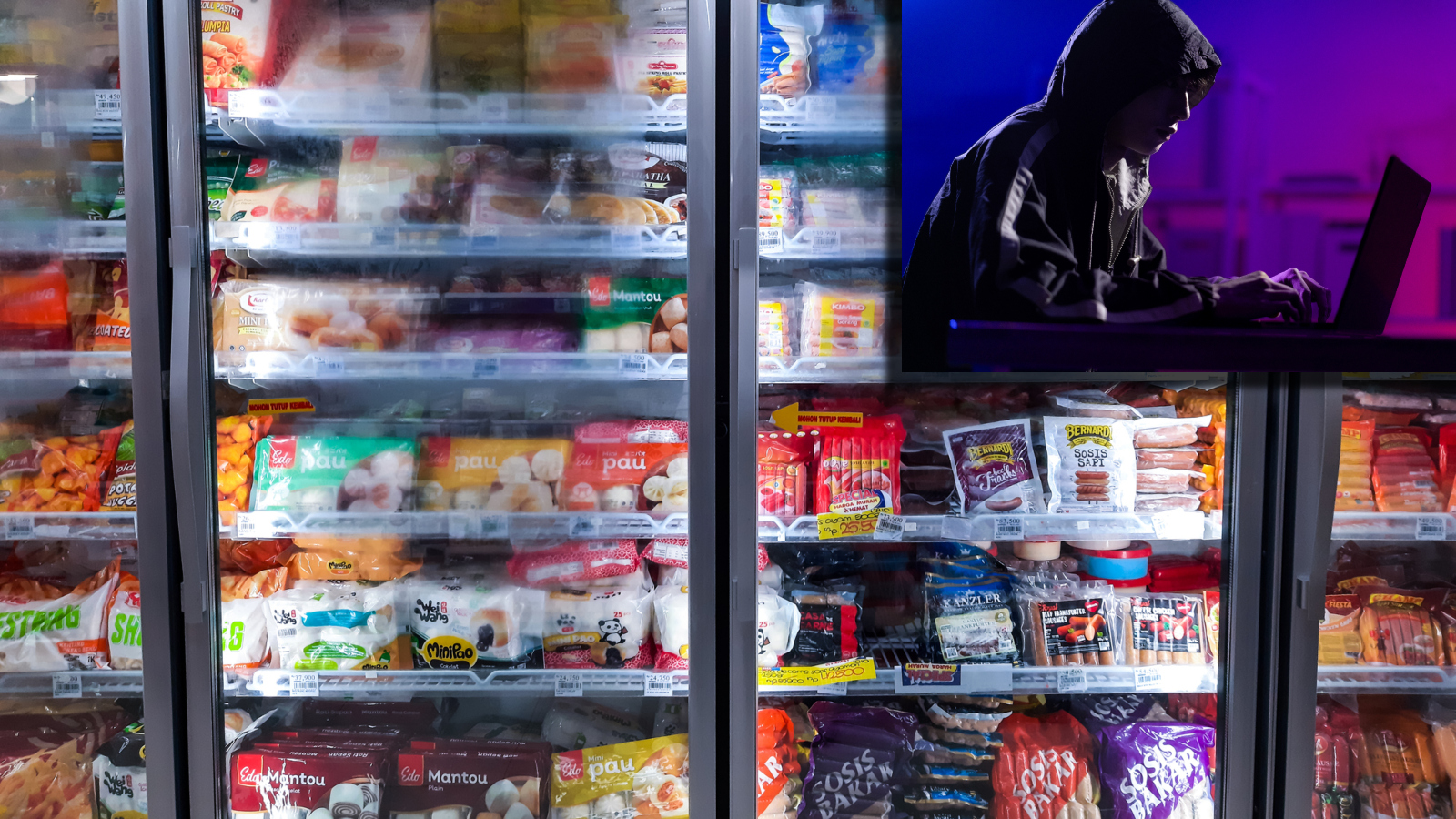 ominous image of a hacker next to a grocery store freezer aisle