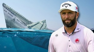 Jon Rahm next to sinking ship made of money