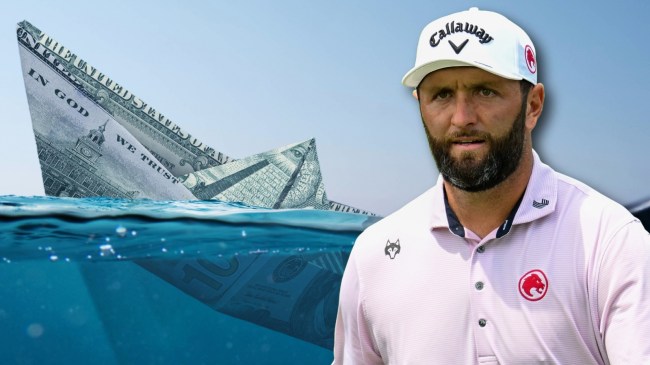 Jon Rahm next to sinking ship made of money