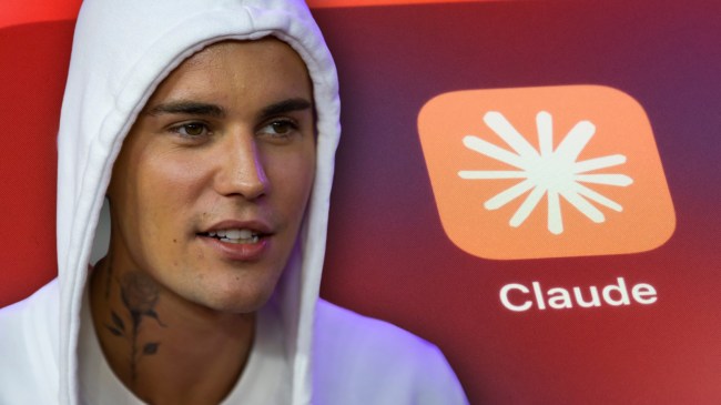 Justin Biber next to logo for the Claude A.I. app