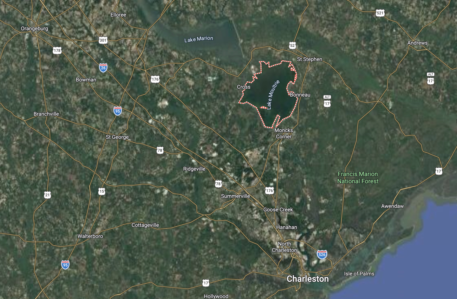 Map of Lake Moultrie in South Carolina