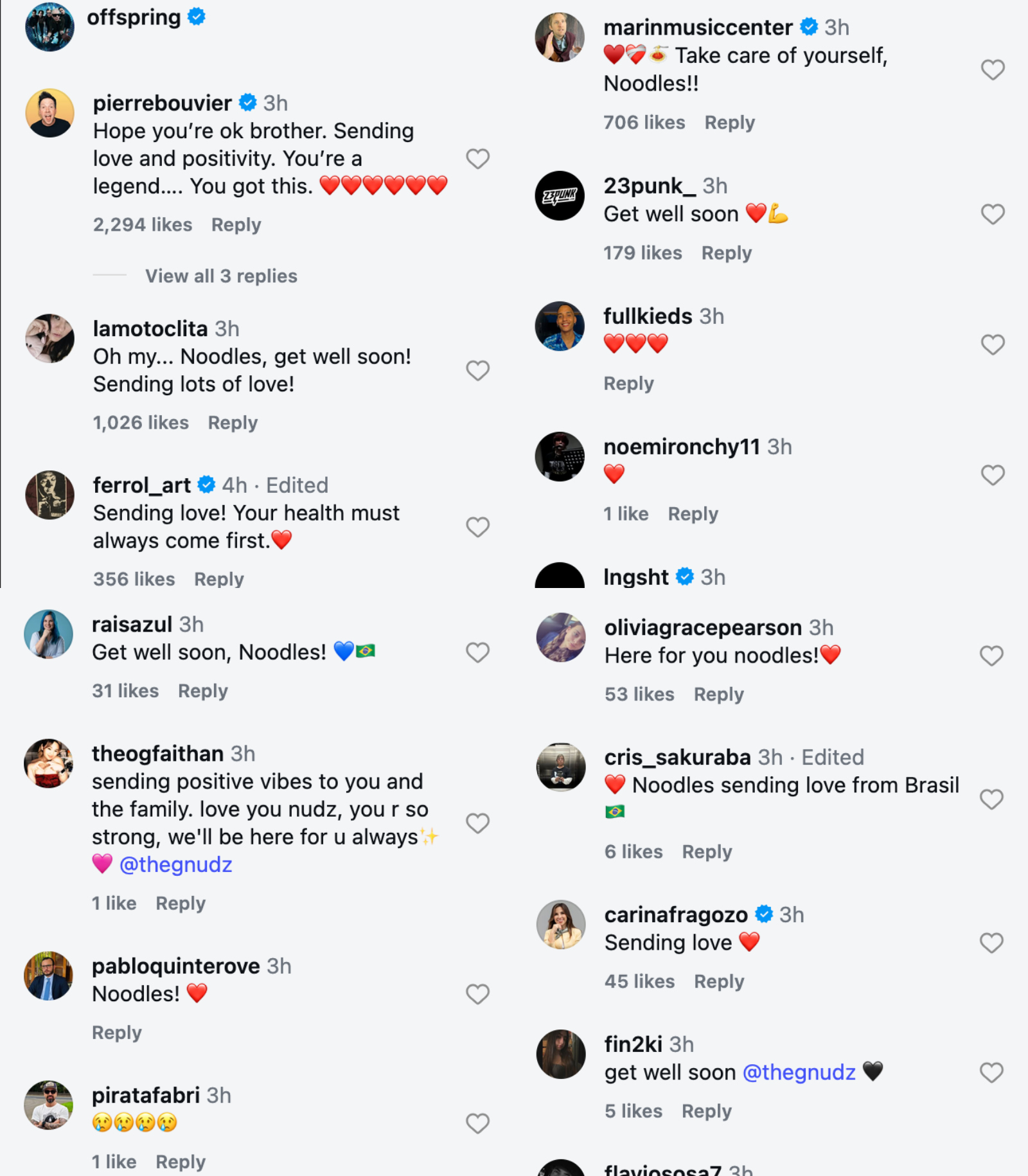 fans leave messages of support for Noodles the guitarist of The Offspring