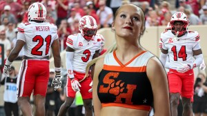 Western Kentucky Football Players dap handshake sam houston state cheerleaders