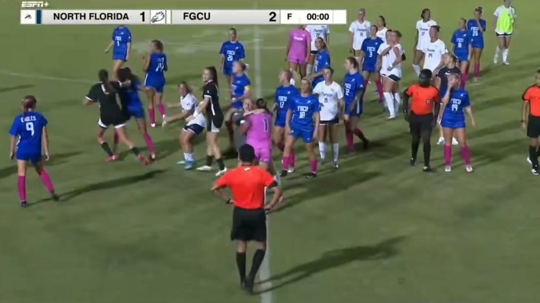 women's college soccer punch fight brawl florida gulf coast north florida red card